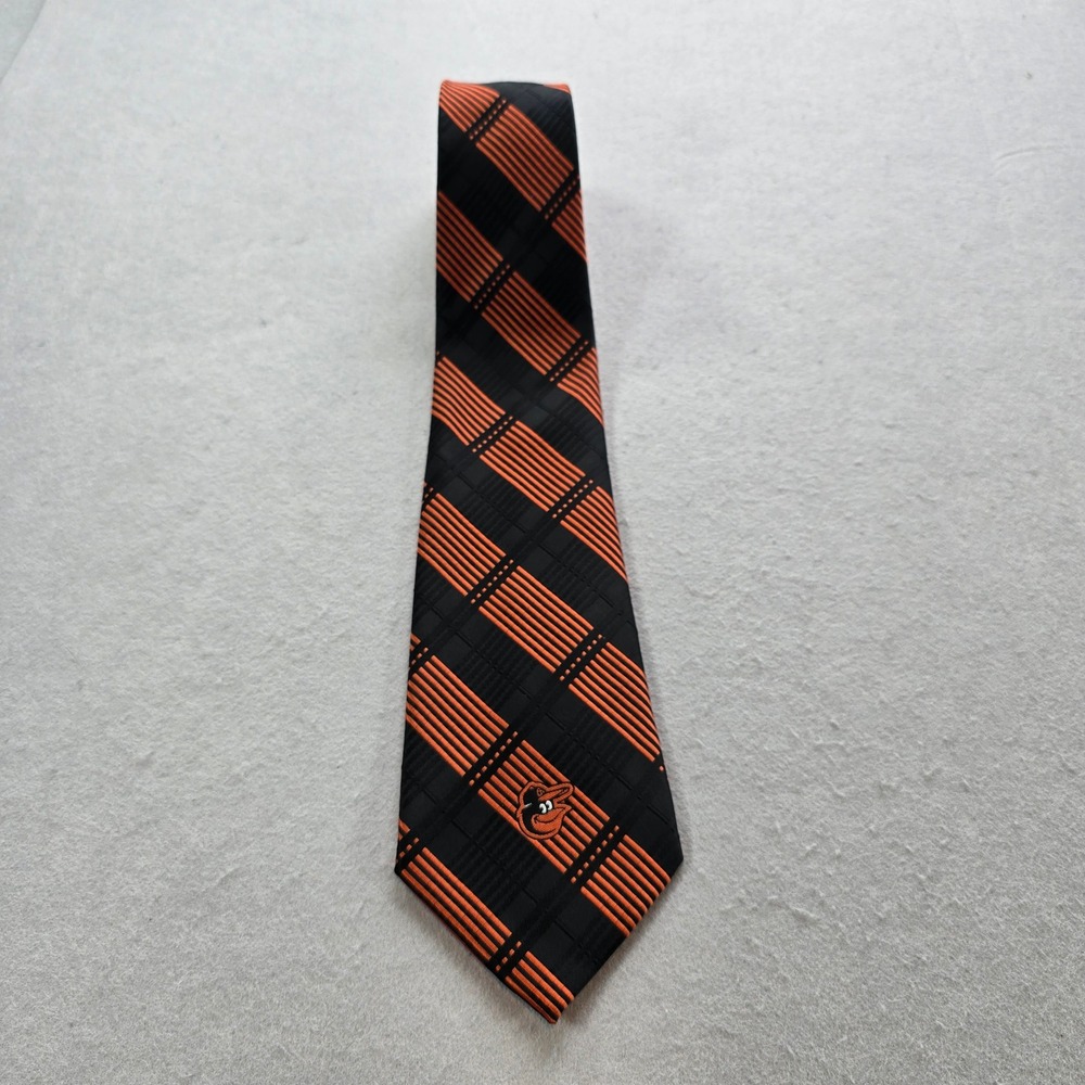 Orioles MLB Baseball Mens Necktie Black Orange Plaid Gameday Prep Aesthetic